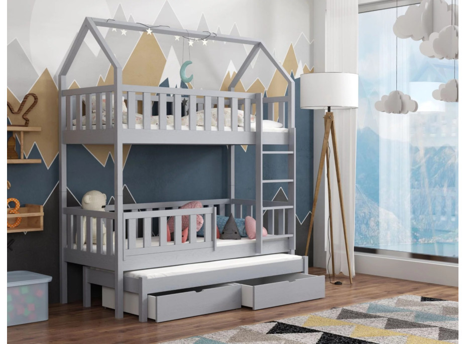 Dětská domečková patrová postel z masivu borovice OTA s přistýlkou a šuplíky - 200x90 cm - ŠEDÁ