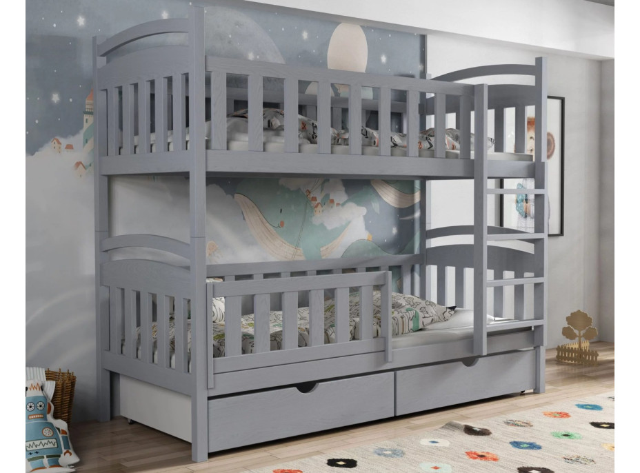 Dětská patrová postel z masivu borovice KRISTEN se šuplíky - 200x90 cm - ŠEDÁ