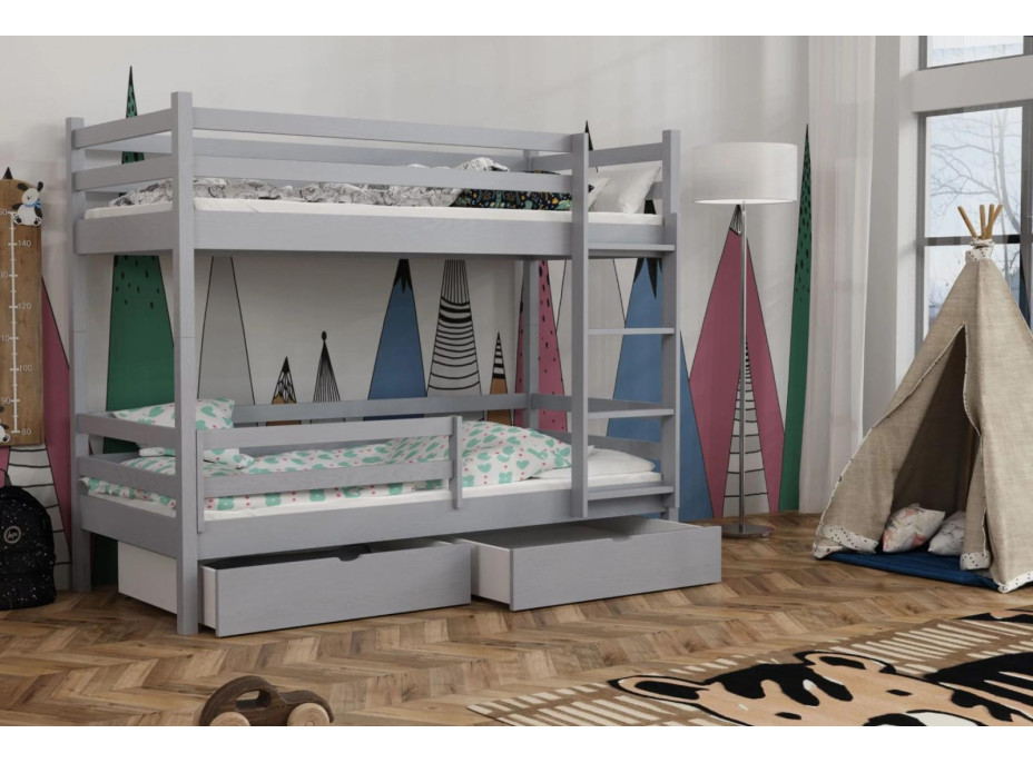 Dětská patrová postel z masivu borovice LEGEND PLUS se šuplíky - 200x90 cm - ŠEDÁ