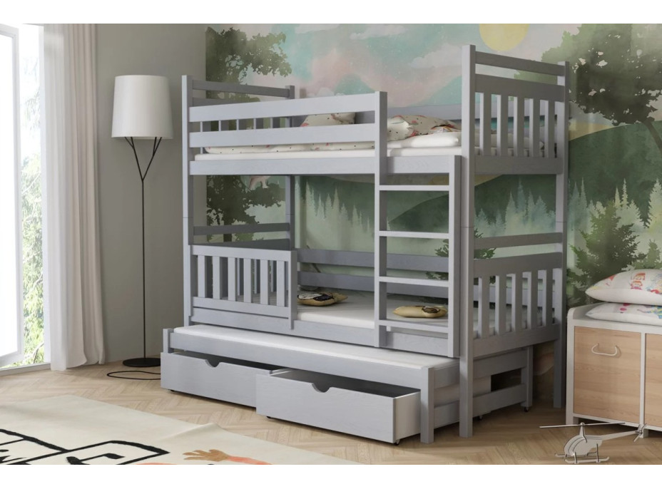 Dětská patrová postel z masivu borovice PETR s přistýlkou a šuplíky - 200x90 cm - ŠEDÁ