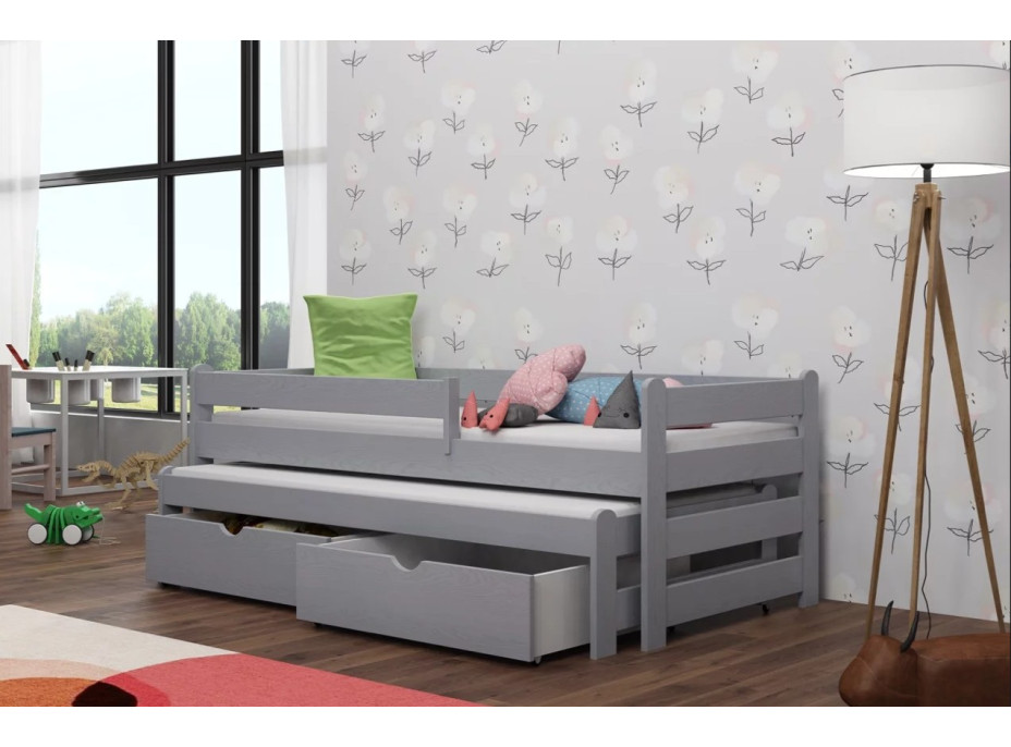 Dětská postel z masivu borovice ALEX s přistýlkou a šuplíky - 200x90 cm - ŠEDÁ
