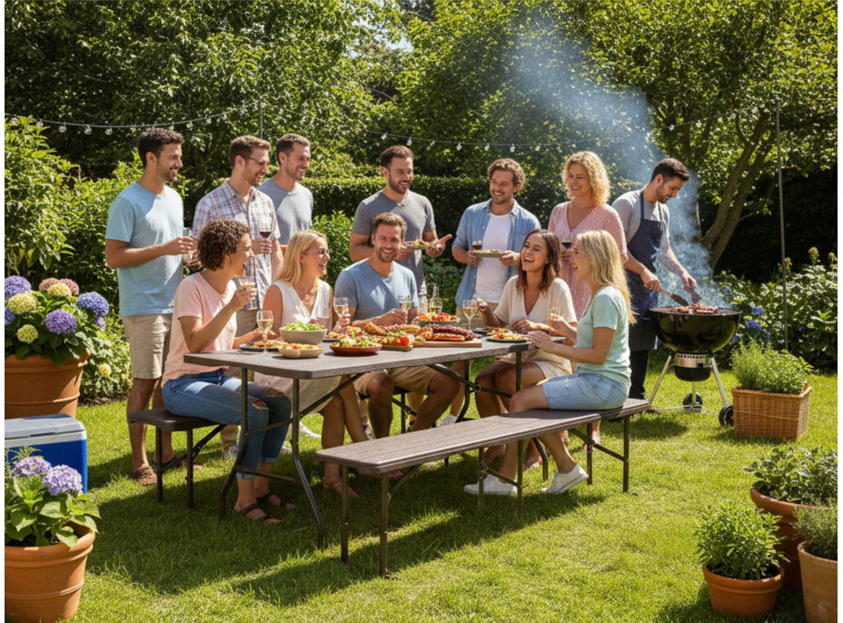 Set cateringového nábytku WOODLAND - stůl 180 cm + 2 lavice - hnědý