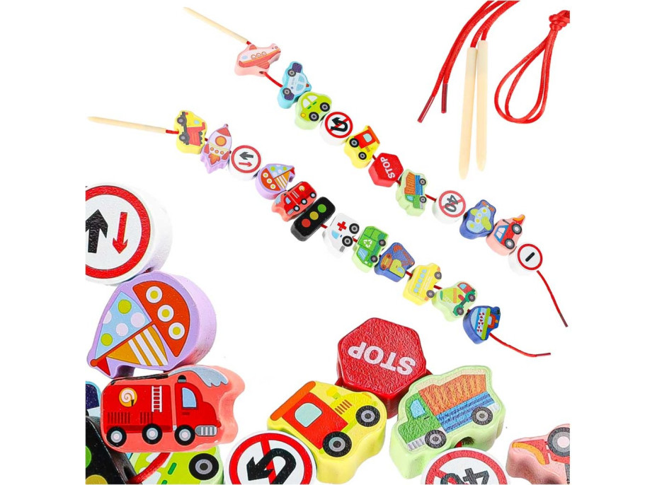 Dřevěné korálky pro navlékání - Dopravní prostředky a značky
