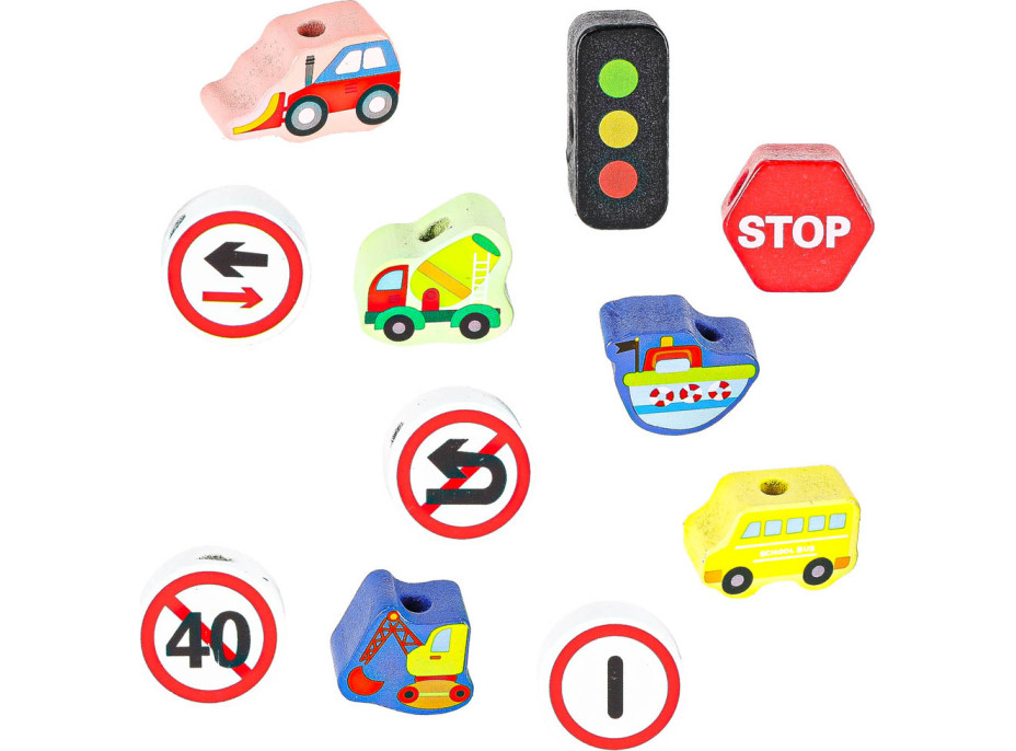 Dřevěné korálky pro navlékání - Dopravní prostředky a značky