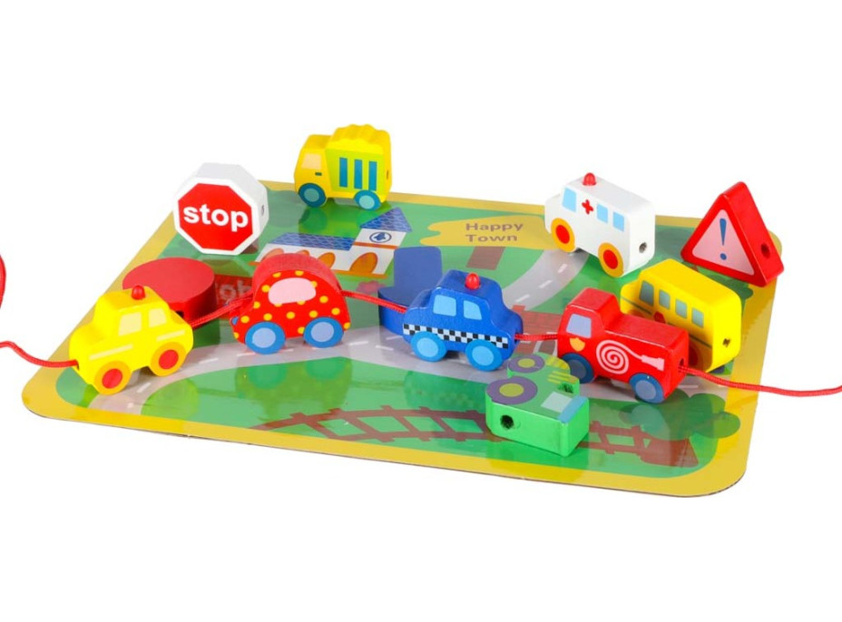 Dřevěné korálky pro navlékání - Autíčka a značky