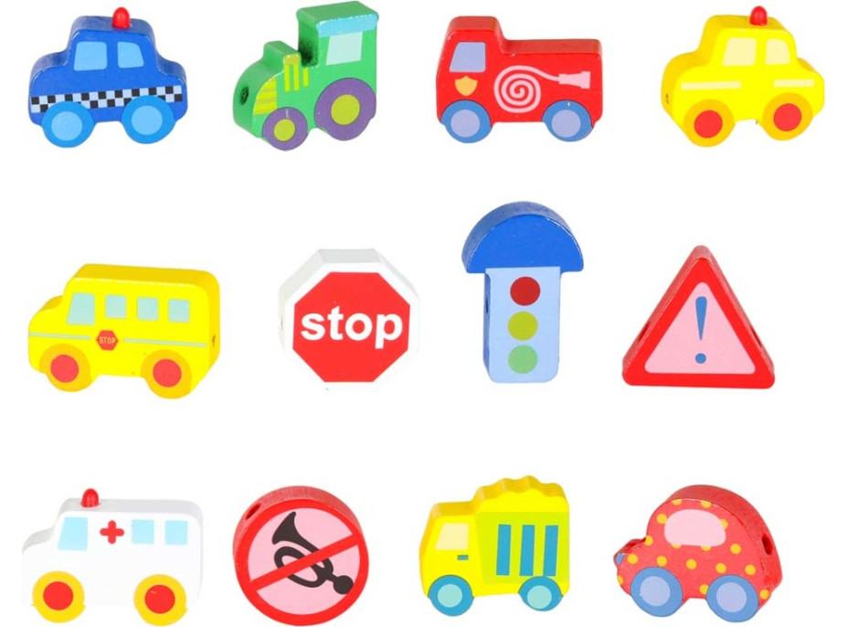 Dřevěné korálky pro navlékání - Autíčka a značky