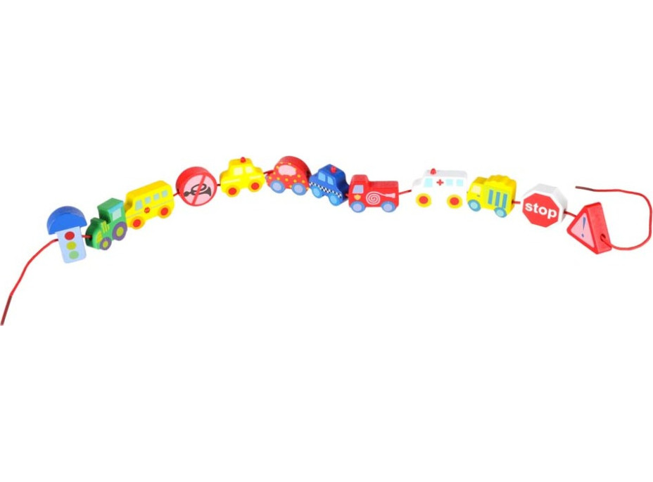 Dřevěné korálky pro navlékání - Autíčka a značky