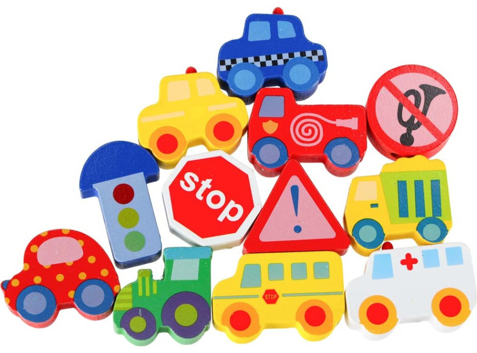 Dřevěné korálky pro navlékání - Autíčka a značky