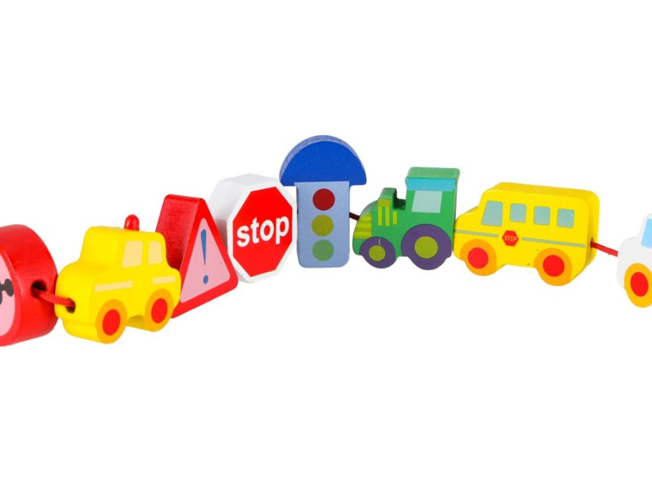 Dřevěné korálky pro navlékání - Autíčka a značky