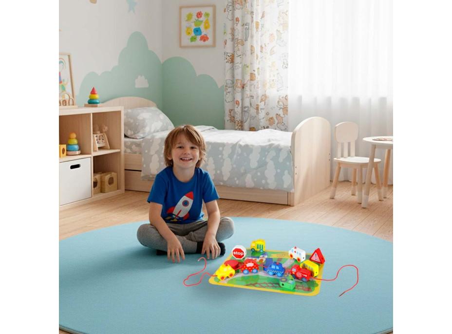 Dřevěné korálky pro navlékání - Autíčka a značky