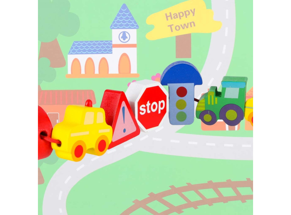 Dřevěné korálky pro navlékání - Autíčka a značky