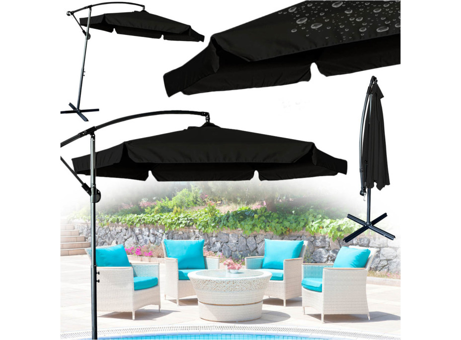 Skládací zahradní slunečník LUARO s prodlužovacím ramenem - 290 cm - černý