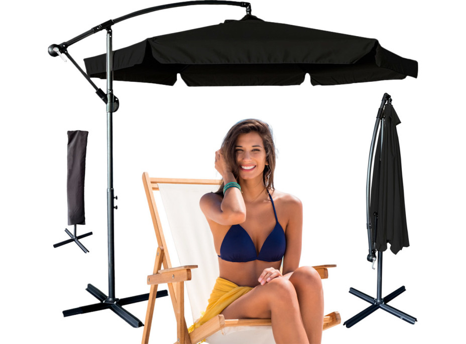 Skládací zahradní slunečník LUARO s prodlužovacím ramenem - 290 cm - černý