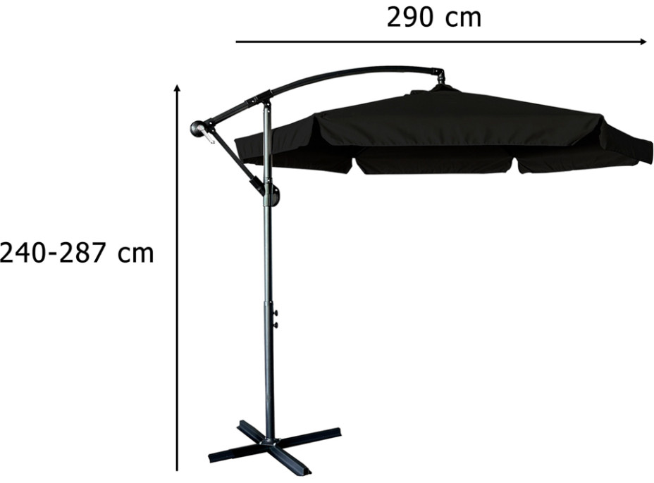 Skládací zahradní slunečník LUARO s prodlužovacím ramenem - 290 cm - černý