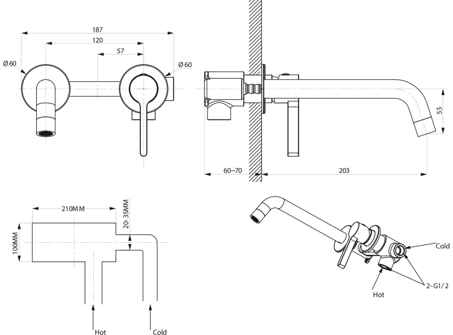 Sapho ICONIC podomítková dvouprvková umyvadlová baterie, měď mat AF008PG