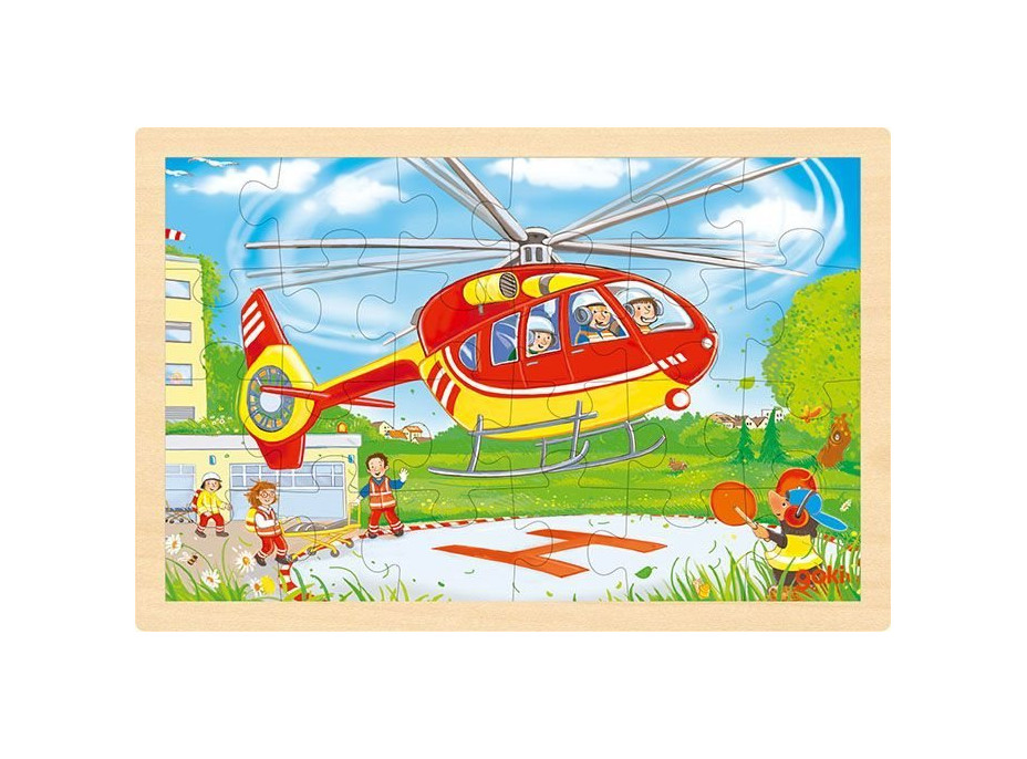 GOKI Dřevěné oboustranné puzzle Hasiči a vrtulník 24 dílků