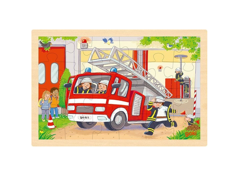 GOKI Dřevěné oboustranné puzzle Hasiči a vrtulník 24 dílků