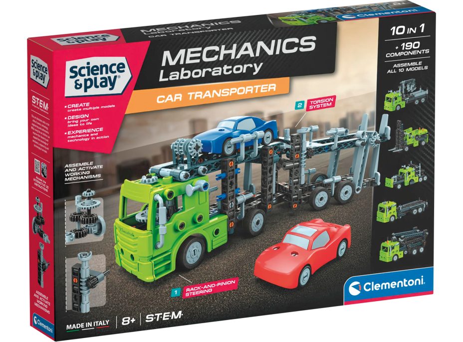 CLEMENTONI Science&Play Mechanická laboratoř Přepravník automobilů 10v1