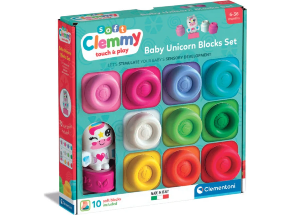 CLEMENTONI Soft Clemmy Sada 10 měkkých kostek + figurka jednorožce