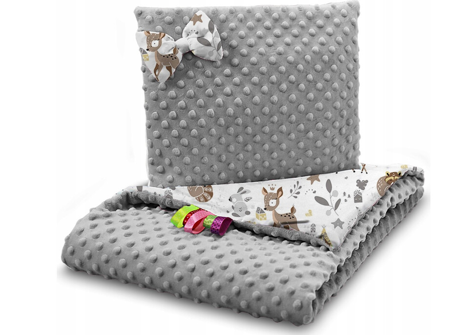 Dětská deka do kočárku s polštářkem a motýlkem - BABYMAM PREMIUM set 3v1 - Srneček a přátelé s šedou minky