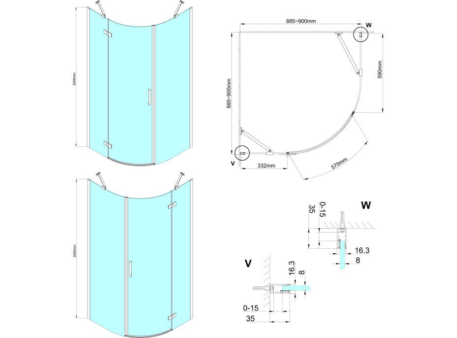 Gelco TRINITY CHROME čtvrtkruhový sprchový kout 900x900mm, matné sklo, pravé GT6590MR-CH