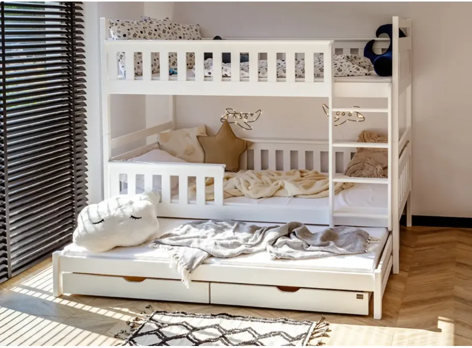 Dětská patrová postel z masivu KRISTIÁN s přistýlkou a šuplíky - 200x90 cm - BÍLÁ
