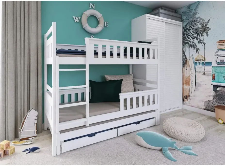 Dětská patrová postel z masivu KRISTIÁN s přistýlkou a šuplíky - 200x90 cm - BÍLÁ