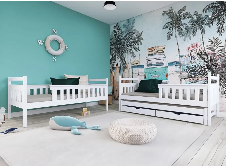 Dětská patrová postel z masivu KRISTIÁN s přistýlkou a šuplíky - 200x90 cm - BÍLÁ