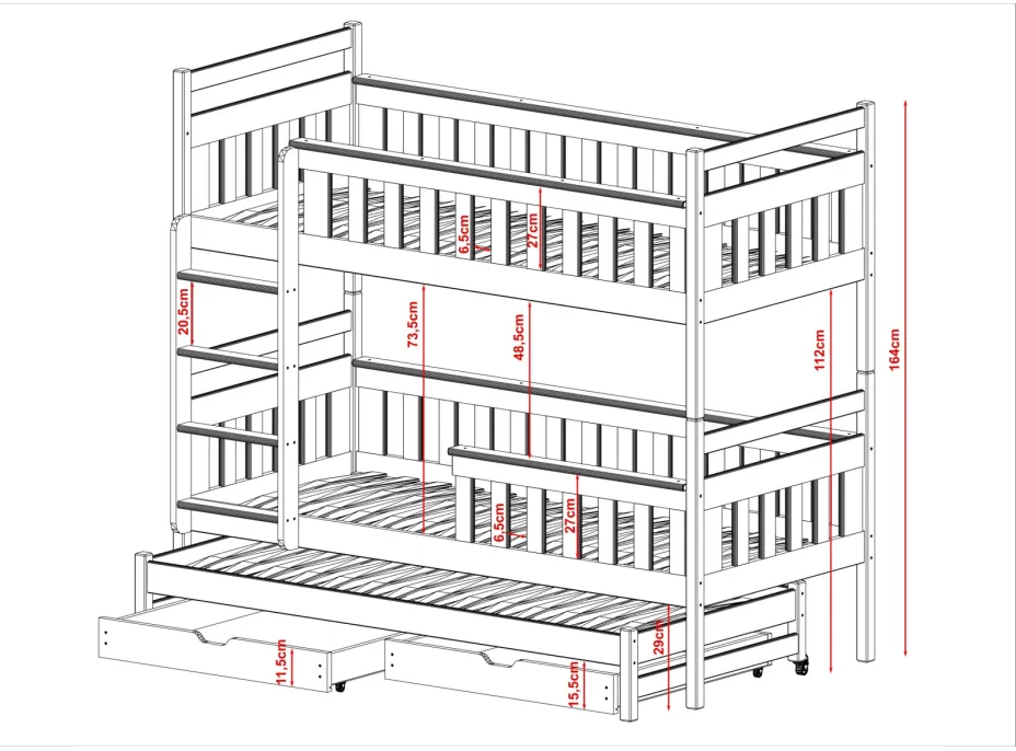 Dětská patrová postel z masivu KRISTIÁN s přistýlkou a šuplíky - 200x90 cm - BÍLÁ