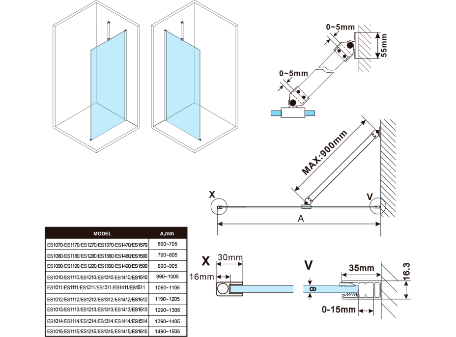 Polysan ESCA CHROME jednodílná sprchová zástěna k instalaci ke stěně, kouřové matné sklo, 800 mm ES1480-01