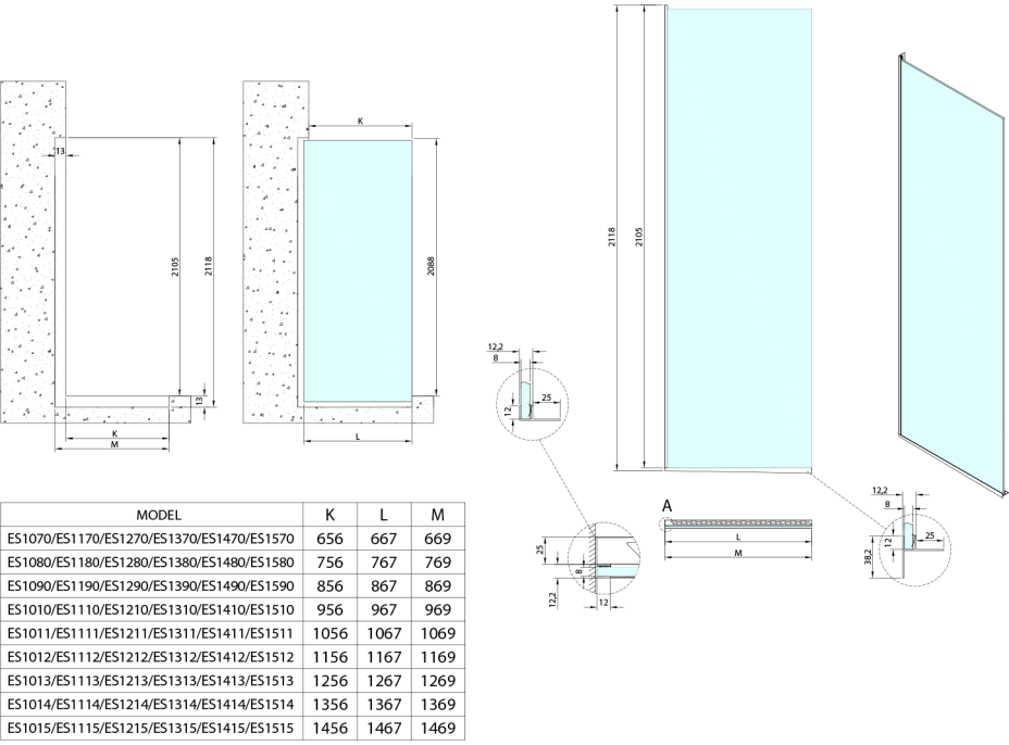 Polysan ARCHITEX sada pro uchycení skla podlaha-stěna se spádovou lištou, 1615x2105mm, pravá, černá mat AX2116BR