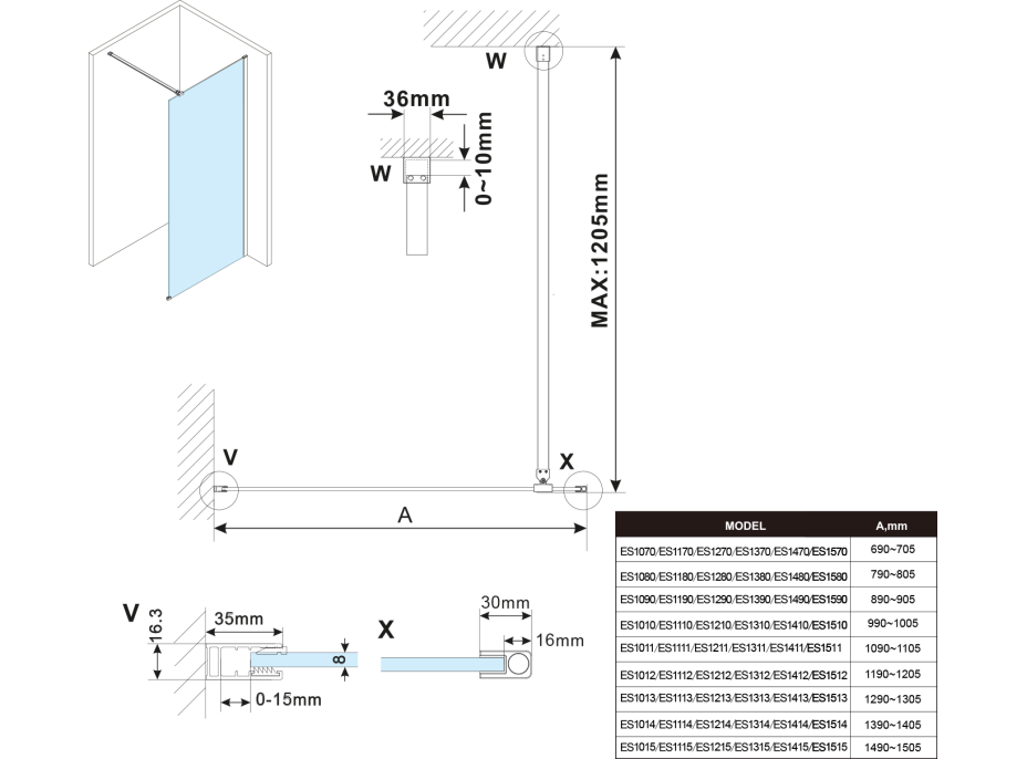Polysan ESCA CHROME jednodílná sprchová zástěna k instalaci ke stěně, kouřové matné sklo, 700 mm ES1470-01