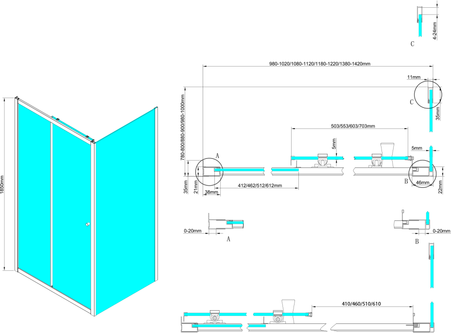 Aqualine UGGA obdélníkový sprchový kout 1200x800mm, čiré sklo ATS120-01