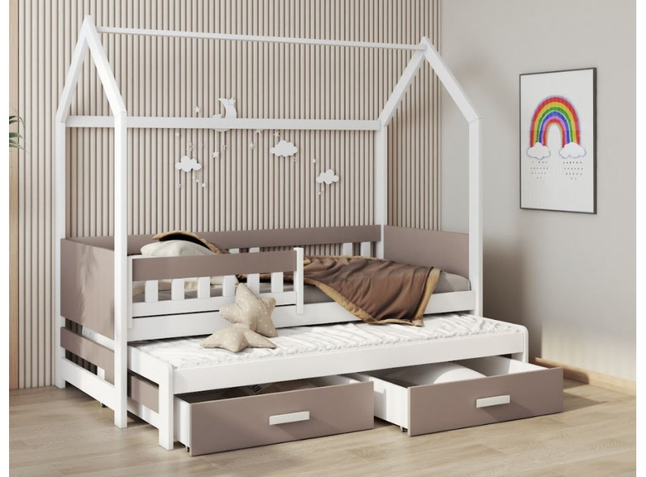 Dětská domečková postel z masivu borovice JASPER se šuplíky a přistýlkou - 200x90 cm - bílá/trufel