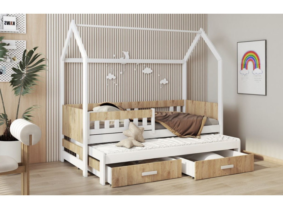 Dětská domečková postel z masivu borovice JASPER se šuplíky a přistýlkou - 180x80 cm - bílá/dub shetland