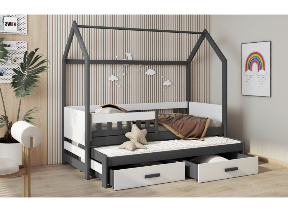 Dětská domečková postel z masivu borovice JASPER se šuplíky a přistýlkou - 180x80 cm - grafit/bílá
