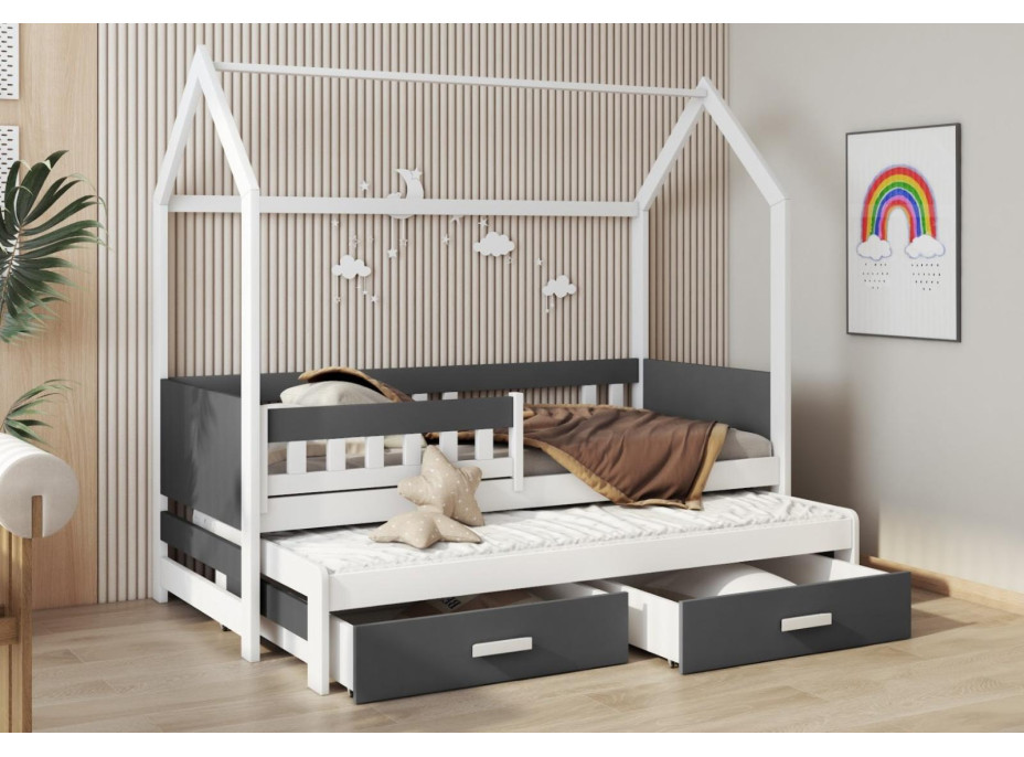 Dětská domečková postel z masivu borovice JASPER se šuplíky a přistýlkou - 180x80 cm - bílá/antracit