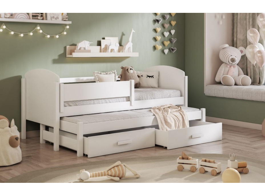 Dětská postel z masivu borovice OWEN s přistýlkou a šuplíky - 180x80 cm - bílá