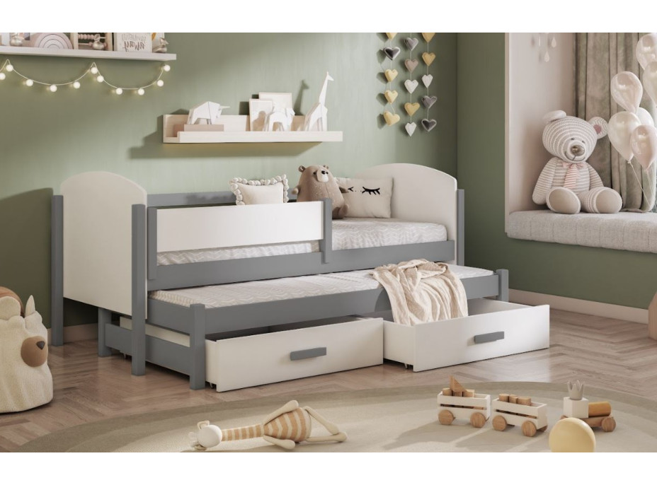 Dětská postel z masivu borovice OWEN s přistýlkou a šuplíky - 180x80 cm - šedá/bílá