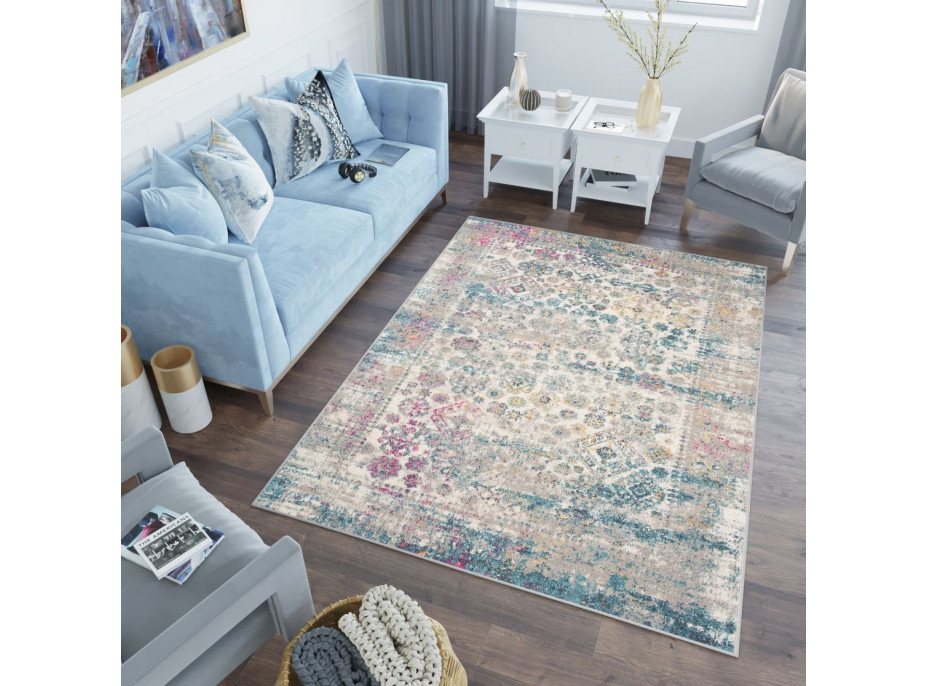 Kusový koberec AZUR vintage - šedý/růžový/modrý, 60x100 cm