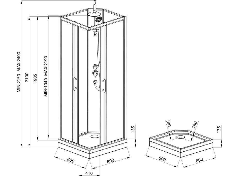 Aqualine GRANVIK čtvercový sprchový box 800x800x2180mm, čiré sklo GG80X80