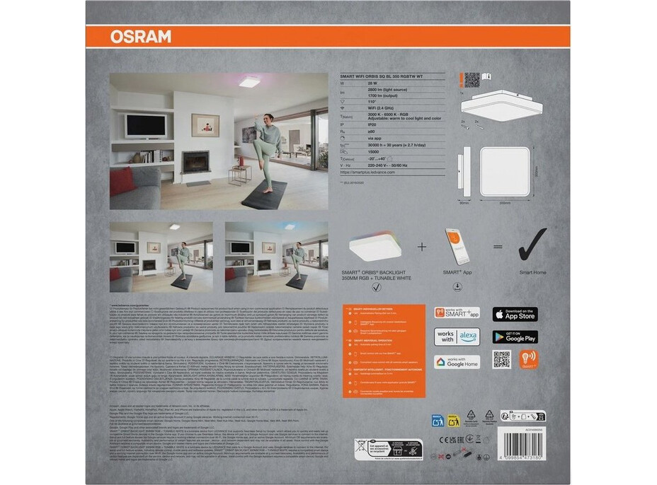 OSRAM ORBIS BACKLIGHT stropní svítidlo, 350x350mm, WIFI RGB+stmívatelné, OSRAM, 2800lm, 28W, IP20, bílá AC314090255
