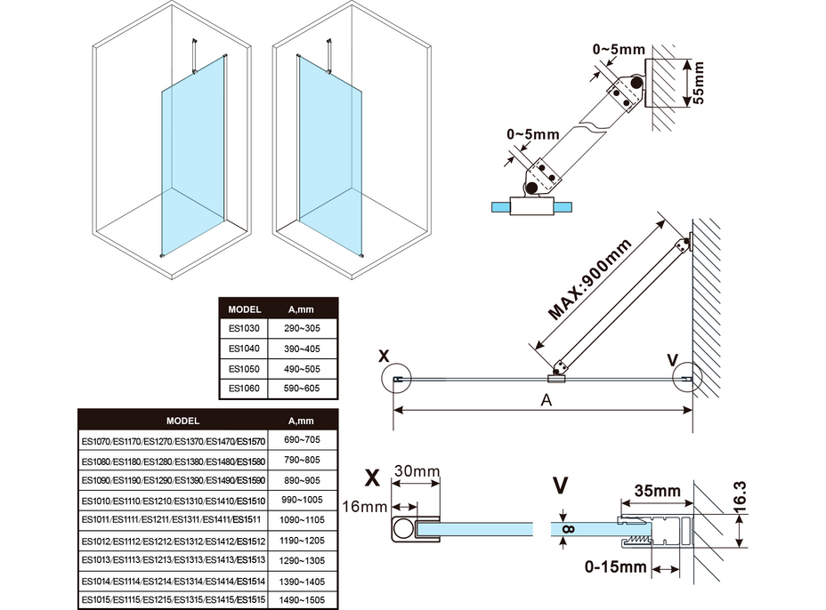 Polysan ESCA GUN METAL jednodílná sprchová zástěna k instalaci ke stěně, sklo čiré, 300 mm ES1030-11