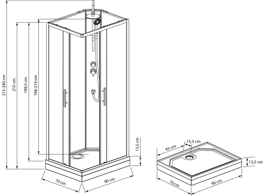 Aqualine GRANVIK obdélníkový sprchový box 700x900x2180mm, čiré sklo GG70X90