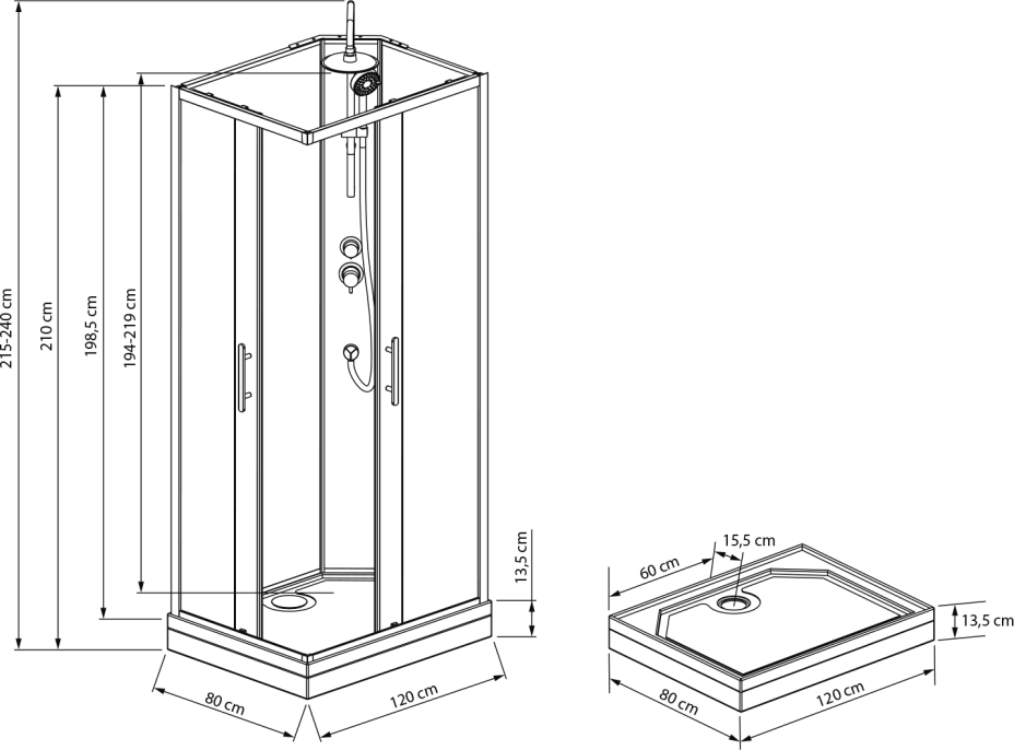 Aqualine GRANVIK obdélníkový sprchový box 800x1200x2180mm, čiré sklo GG80X120