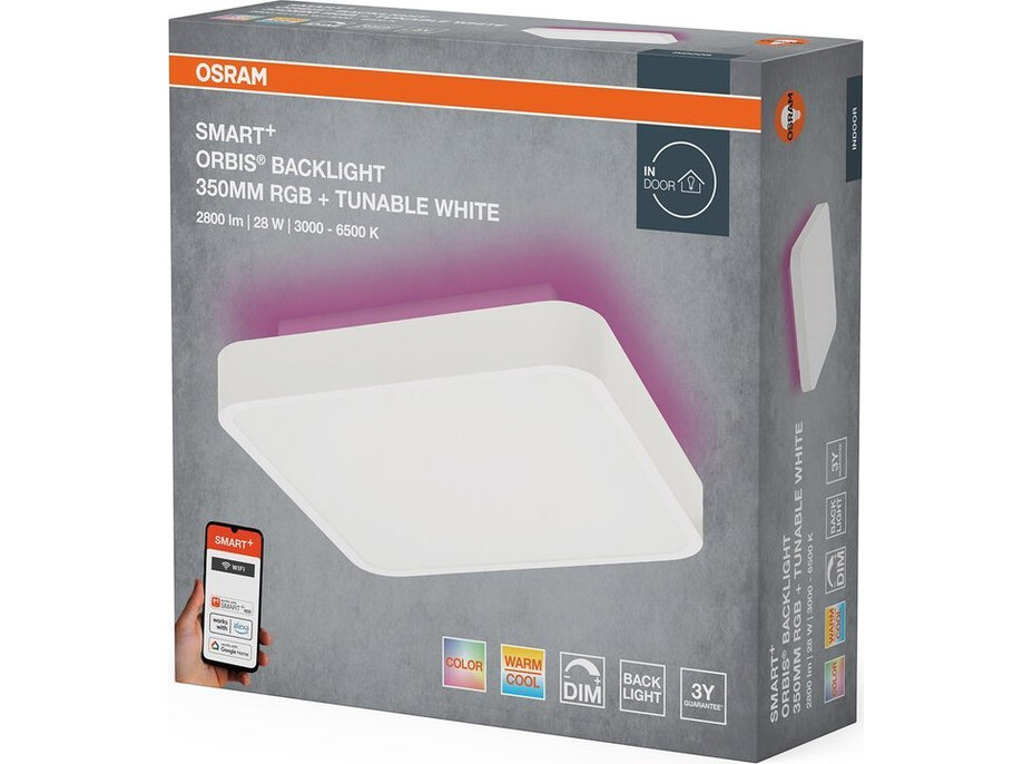 OSRAM ORBIS BACKLIGHT stropní svítidlo, 350x350mm, WIFI RGB+stmívatelné, OSRAM, 2800lm, 28W, IP20, bílá AC314090255