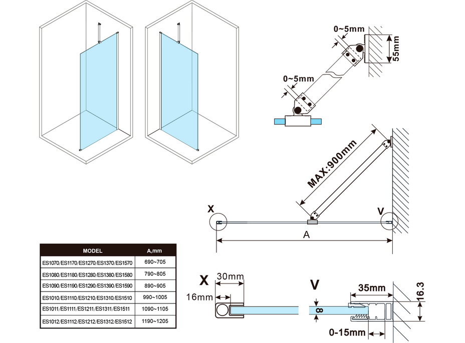 Polysan ESCA COPPER MATT jednodílná sprchová zástěna k instalaci ke stěně, sklo Flute, 1000 mm ES1310-09
