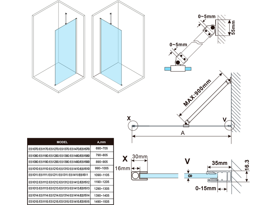Polysan ESCA BLACK MATT jednodílná sprchová zástěna k instalaci ke stěně, kouřové matné sklo, 800 mm ES1480-02