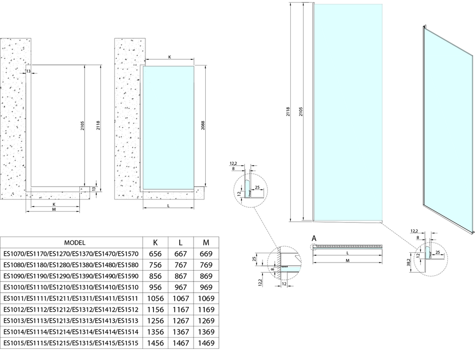 Polysan ARCHITEX sada pro uchycení skla podlaha-stěna se spádovou lištou, 1615x2105mm, levá, leštěný hliník AX2116L