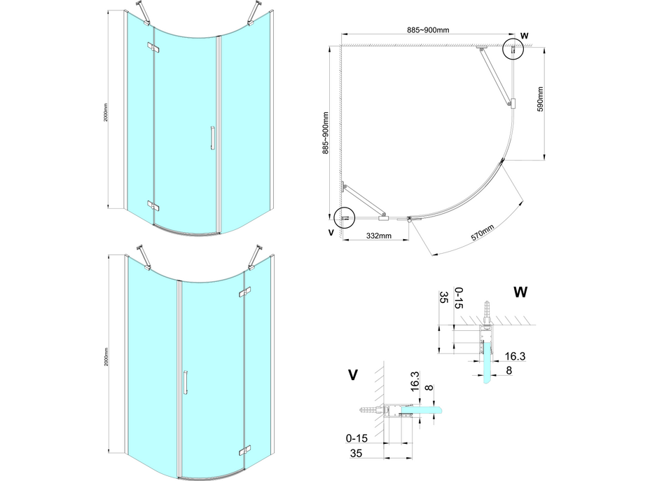 Gelco TRINITY CHROME čtvrtkruhový sprchový kout 900x900mm, čiré sklo, levé GT6590CL-CH